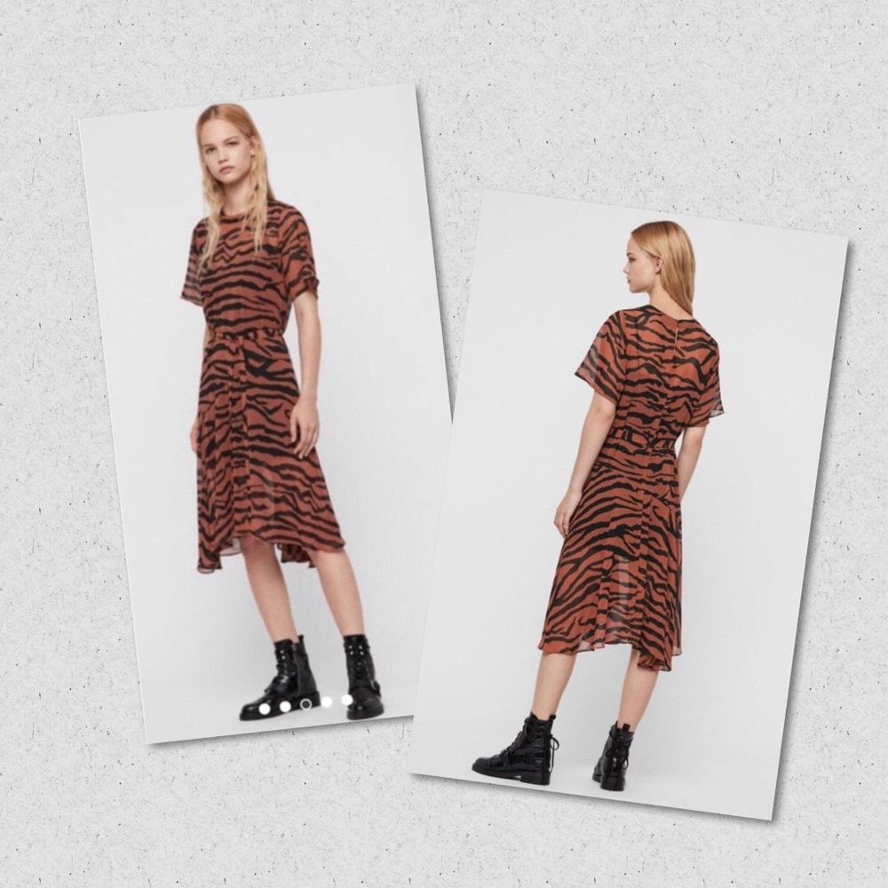 ALL SAINTS  Brown & Black Enki Zephyr Tiger-Print Midi Dress Size XS